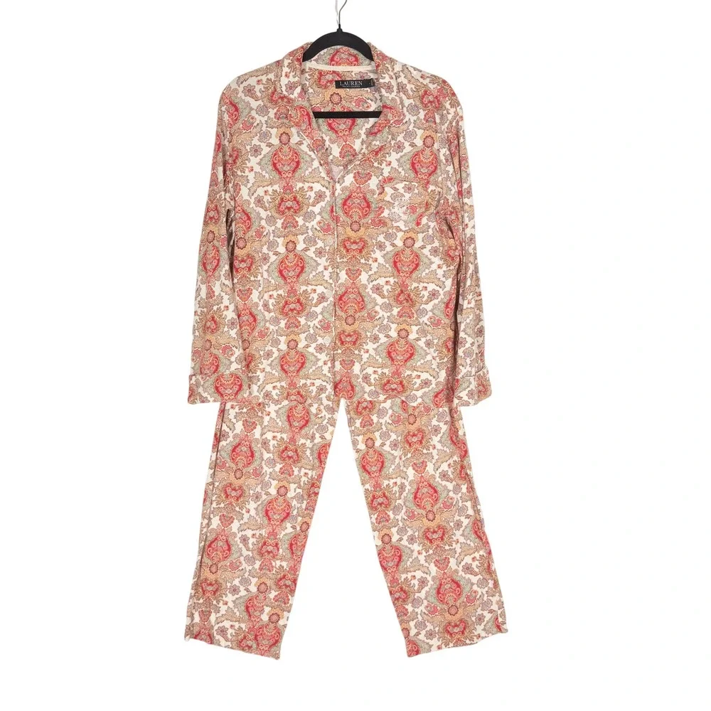 Lauren Ralph Lauren Womens Pajama Set Red Paisley Cotton Blend Large LRL Lounger